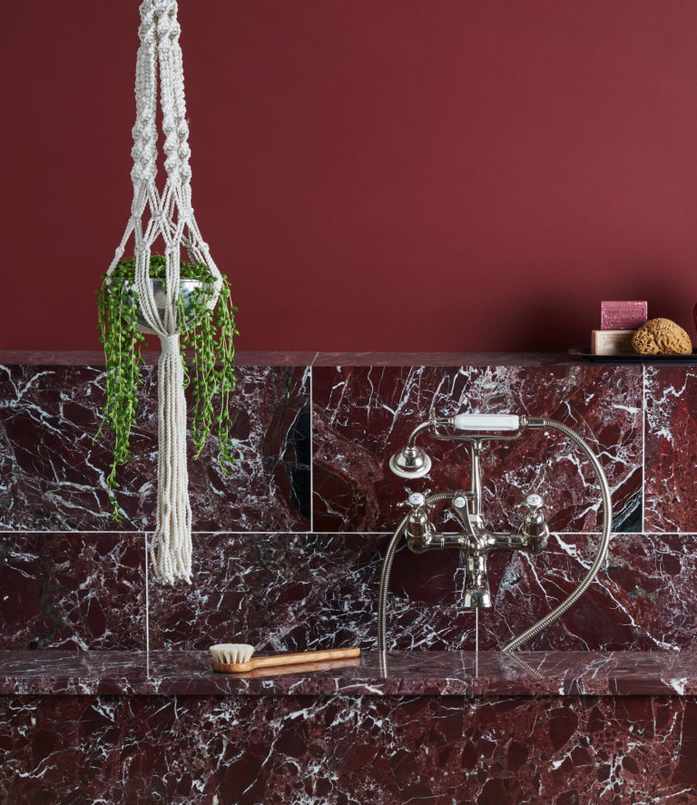 Rosso Levanto Polished Marble & Bayonne Provence Limestone Tiles