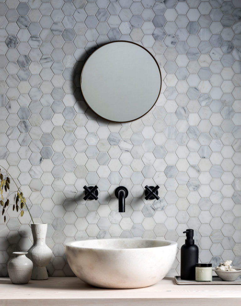 Alsace Honed Marble Hexagon Mosaic Tile, Marble Bathroom Floor Tiles Uk