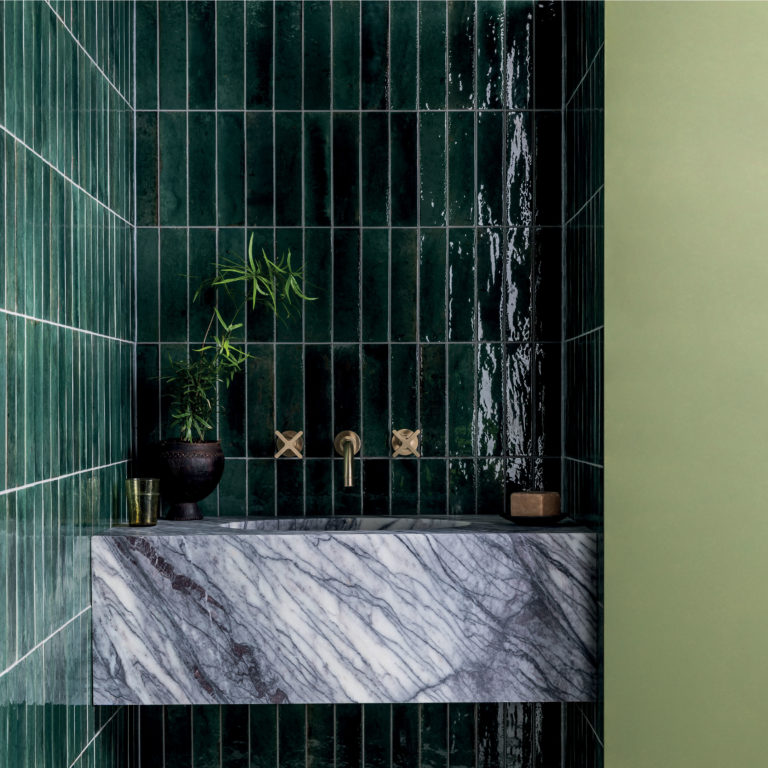 Hoxton Bottle Green Gloss Porcelain Wall and Floor Herringbone Bathroom Tile