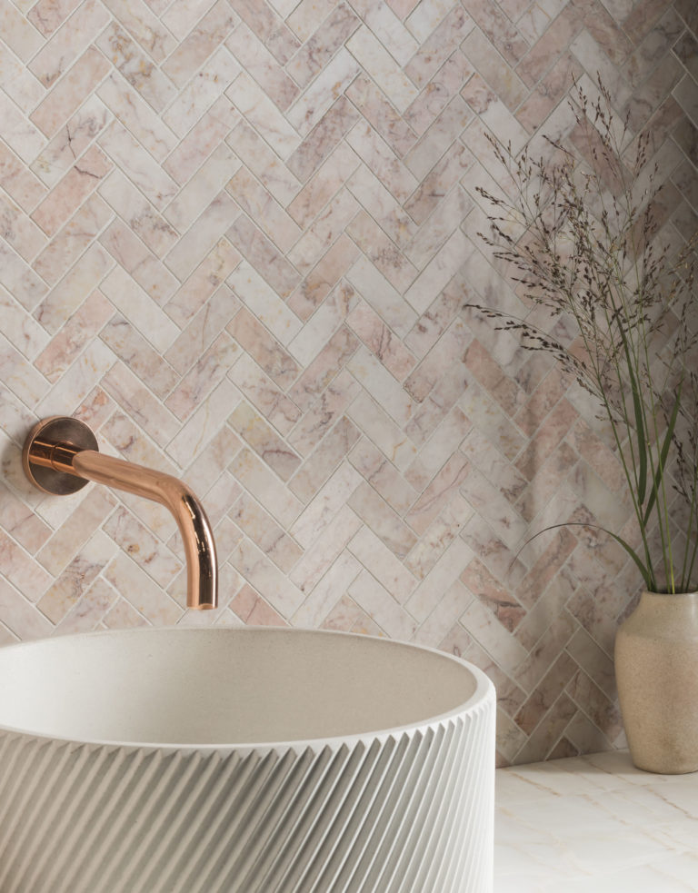 Rosalina Honed Marble Herringbone, Pink Marble Tile Bathroom