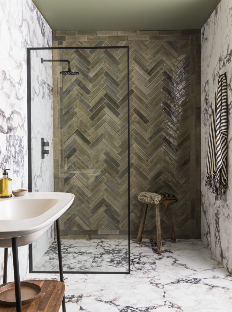 hoxton-olive-gloss-porcelain-pisa-white-matt-bathroom-tiles