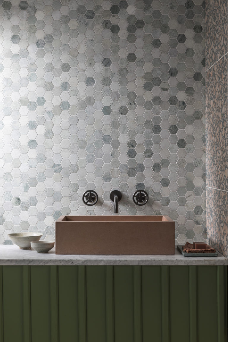Verbena Honed Marble Hexagon Tiles and Pebble Green Porcelain wall tiles