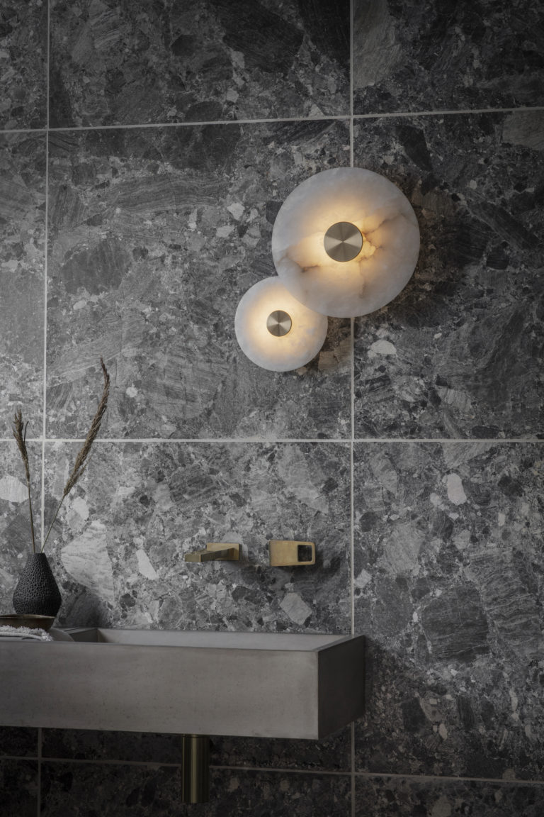 Stylish bathroom with Selene Honed marble grey marble bathroom tiles