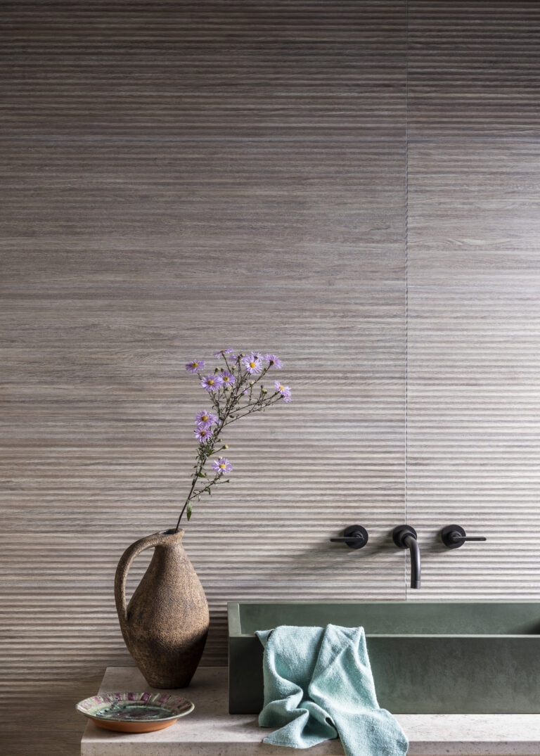 Fluted Wood Effect Wall Tiles in Bathroom