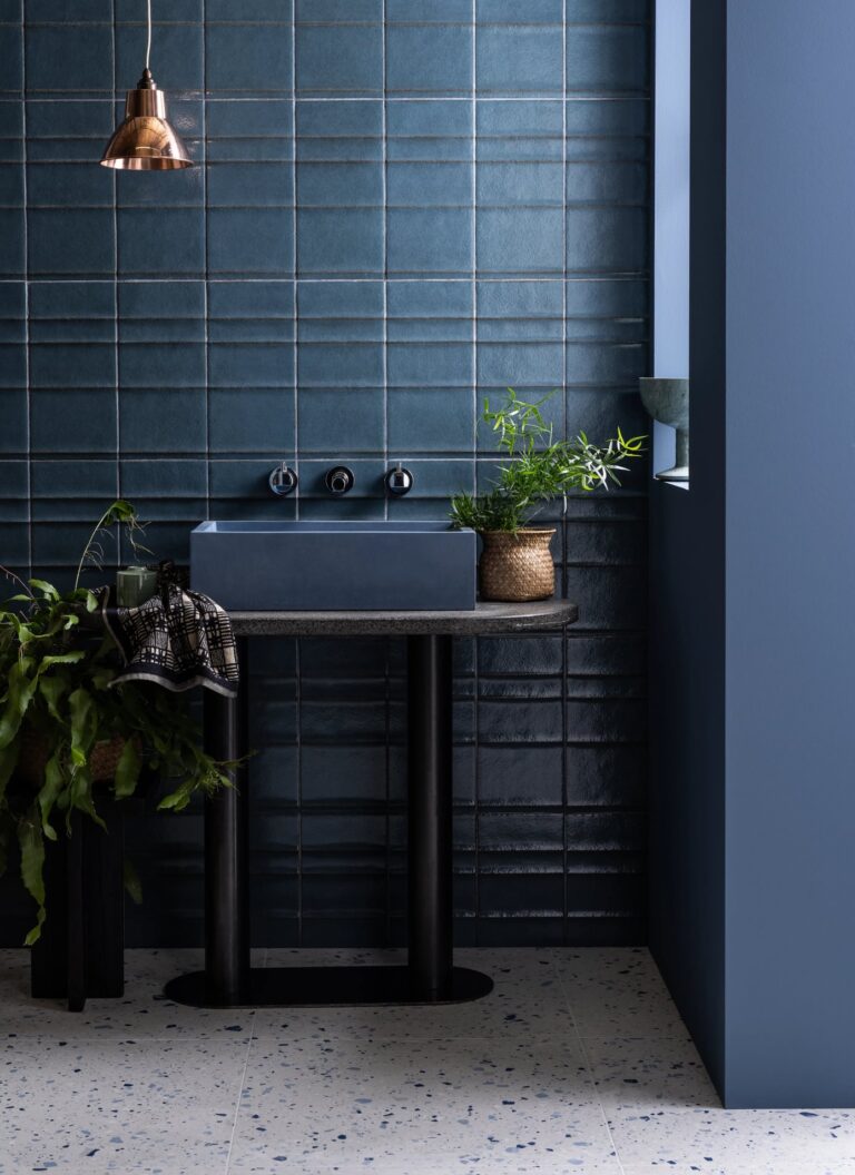 Opera Vintage Blue Linear Decor Satin Porcelain, Terrazzo Nouveau Cobalt Matt Terrazzo Effect Porcelain - Web Resolution