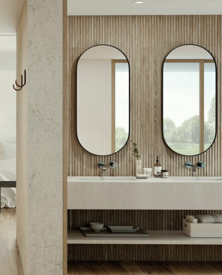 Riga Cognac Slat Decor Wood Effect Ceramic Bathroom with two oval mirrors and a double basin