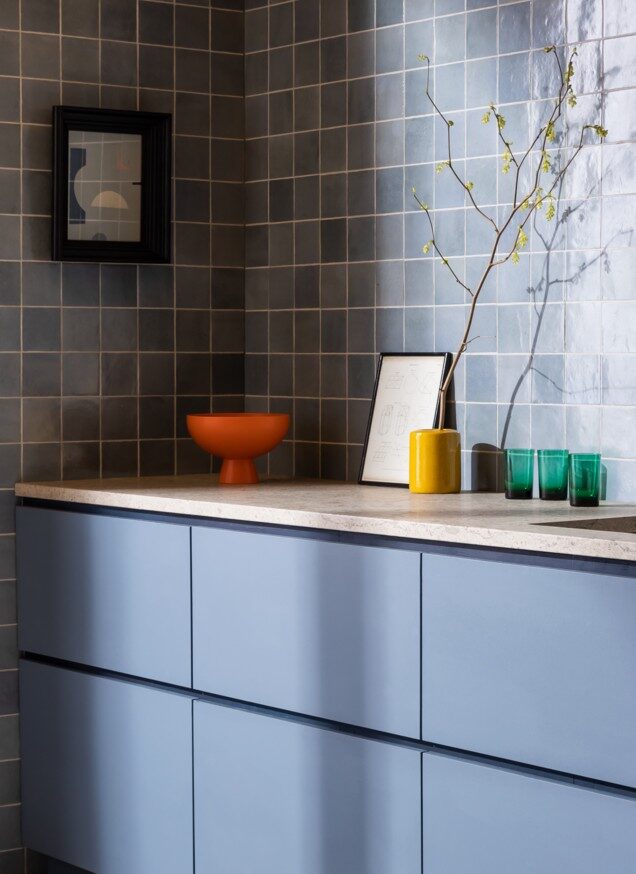 Zellige sky gloss ceramic tile as a kitchen backsplash