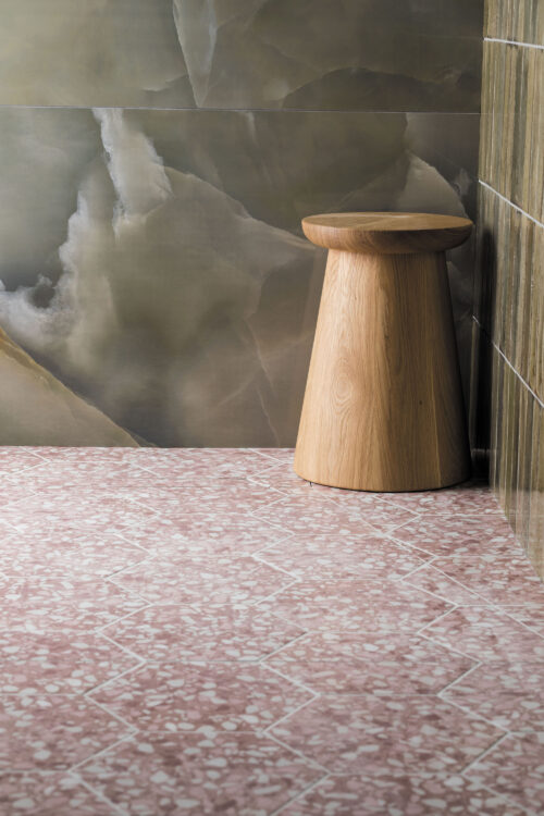 Zappa Pink Porcelain tiles, Hoxton Olive Green Gloss tiles, and Onyx Nouveau Jade Gloss Effect Porcelain tiles.