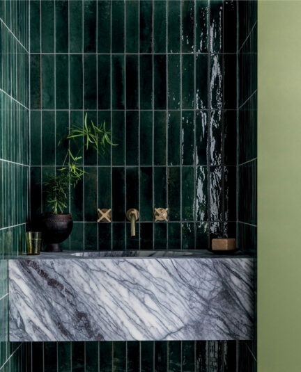 Hoxton Bottle Green Gloss Porcelain Wall and Floor Herringbone Bathroom Tile